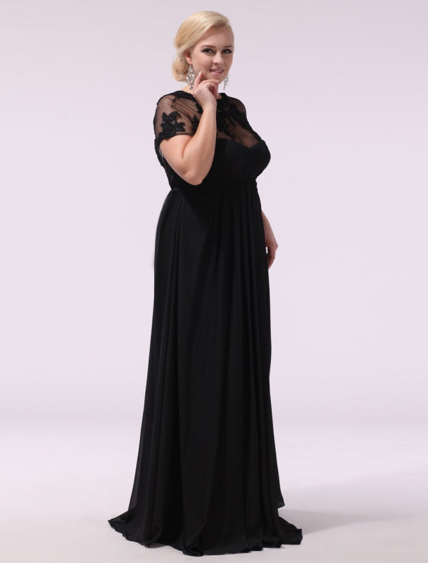 Black Prom Dresses Plus Size Evening Dress Chiffon Lace Applique Illusion Short Sleeves Floor Length Wedding Guest Dress