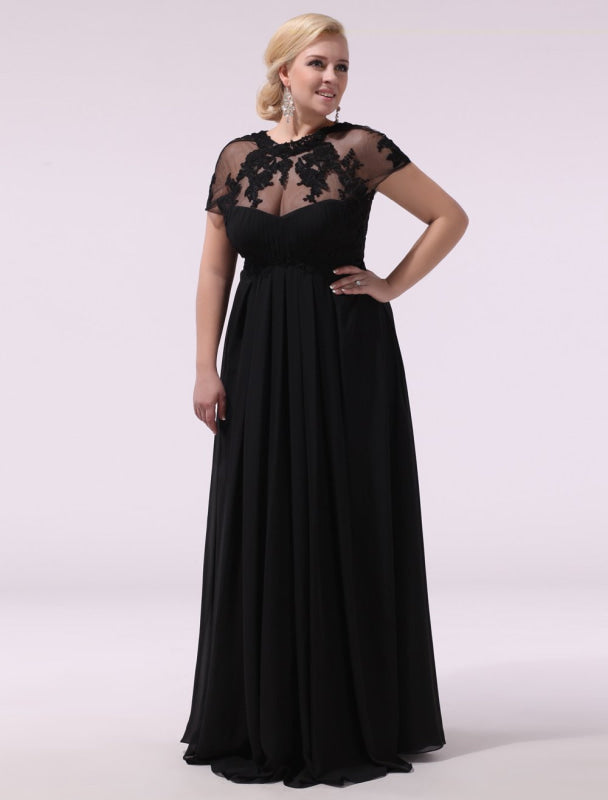 Black Prom Dresses Plus Size Evening Dress Chiffon Lace Applique Illusion Short Sleeves Floor Length Wedding Guest Dress