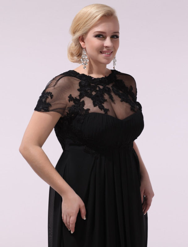 Black Prom Dresses Plus Size Evening Dress Chiffon Lace Applique Illusion Short Sleeves Floor Length Wedding Guest Dress