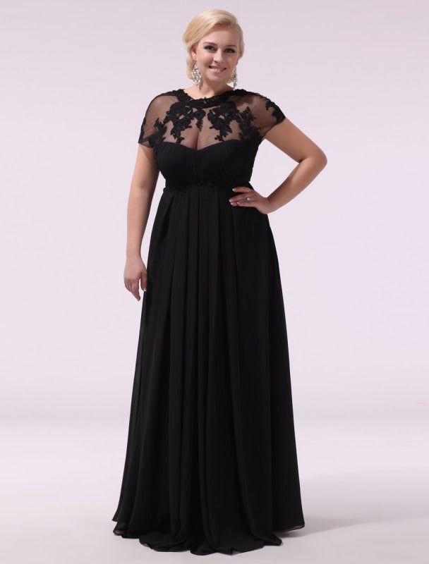 Black Prom Dresses Plus Size Evening Dress Chiffon Lace Applique Illusion Short Sleeves Floor Length Wedding Guest Dress