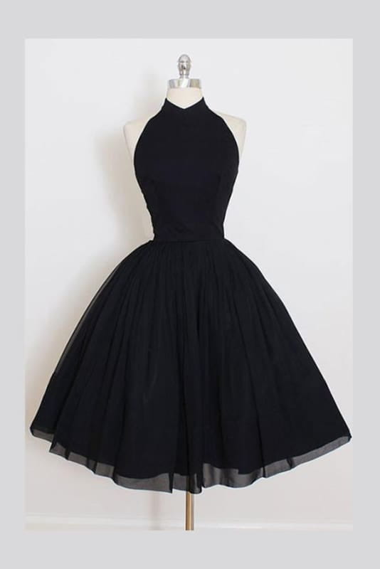 Black Sleeveless Homecoming Simple Halter Party Dresses Tea Length Graduation Dress