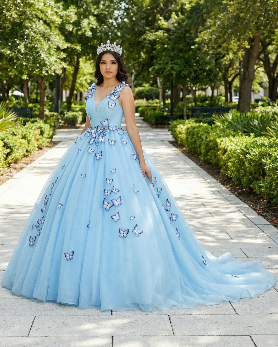 Quinceanera Dress Sky Blue Butterfly Flowers Lace Up Ball Gowns Long Prom Dresses