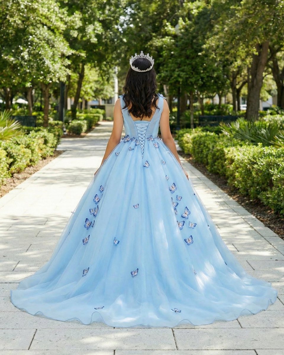 Quinceanera Dress Sky Blue Butterfly Flowers Lace Up Ball Gowns Long Prom Dresses
