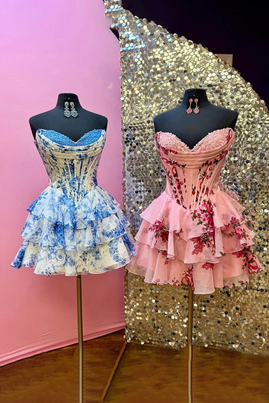 Blue Corset Short Homecoming Dresses Sweetheart Tiered Ruffle Party Dress