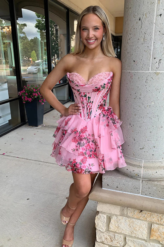 Blue Corset Short Homecoming Dresses Sweetheart Tiered Ruffle Party Dress