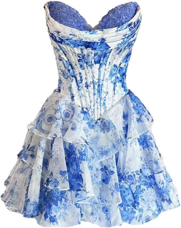 Blue Corset Short Homecoming Dresses Sweetheart Tiered Ruffle Party Dress
