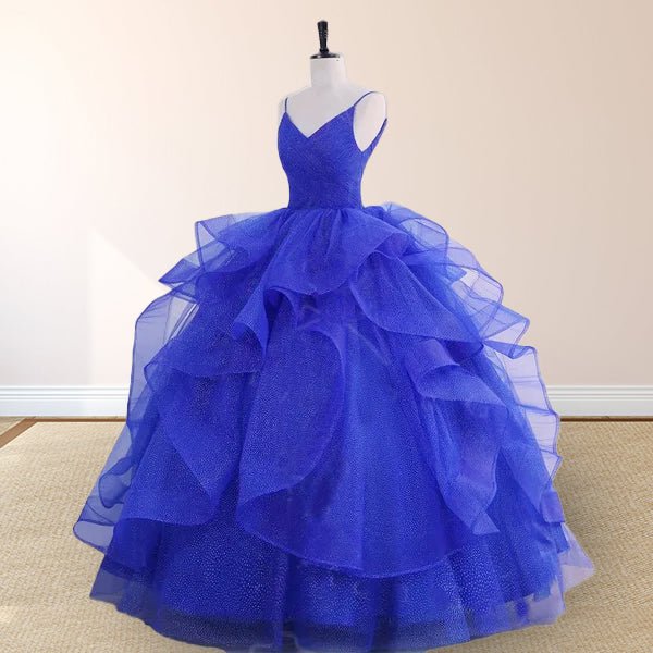 Royal Blue V Neck Tulle Quinceanera Dresses With Ruffles