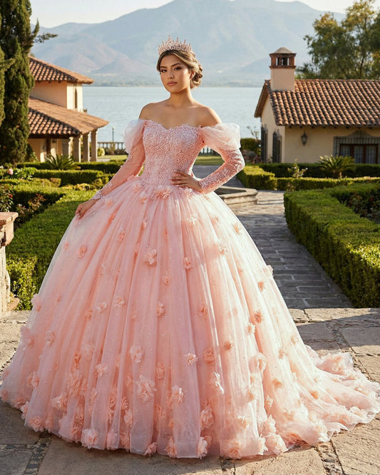 Blush Ball Gown Long Sleeves Off The Shoulder Quinceanera Dresses
