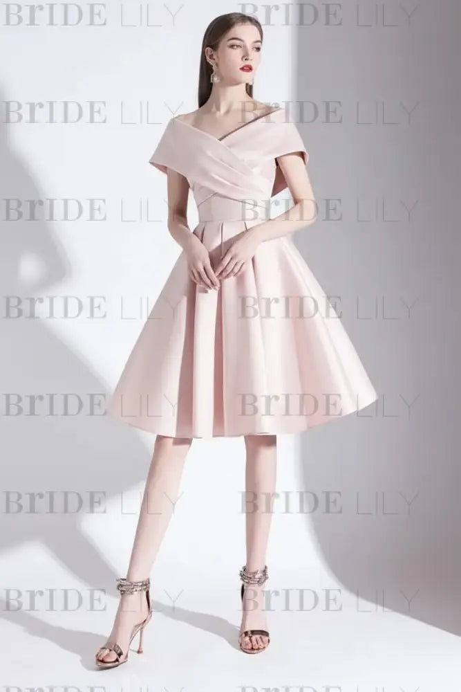 Off-the-Shoulder Knee-Length Evening Dress A-Line V-Neck Pleated Satin Cocktail Dress Little Black Dress