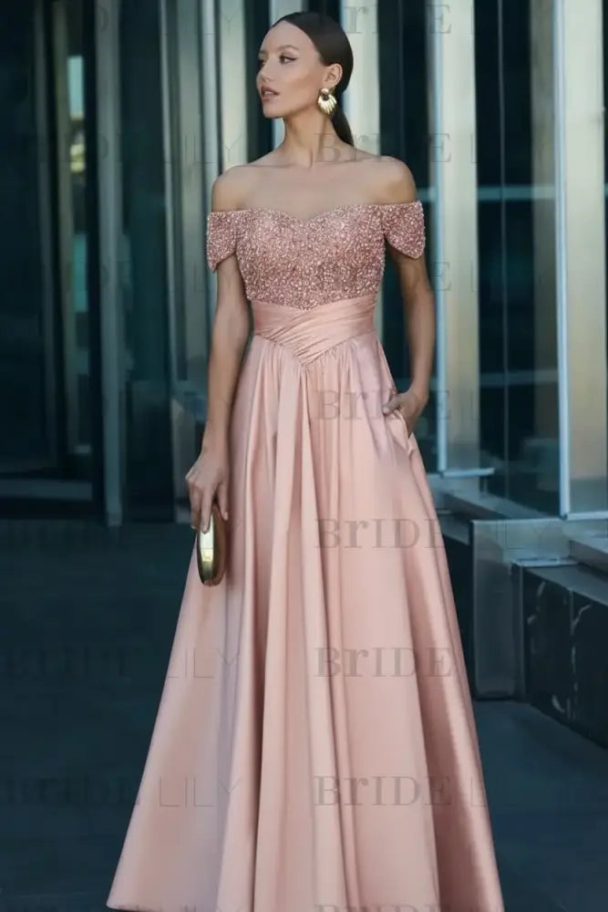 Off-the-Shoulder Dark Green Satin Aline Formal Dress with Beadings