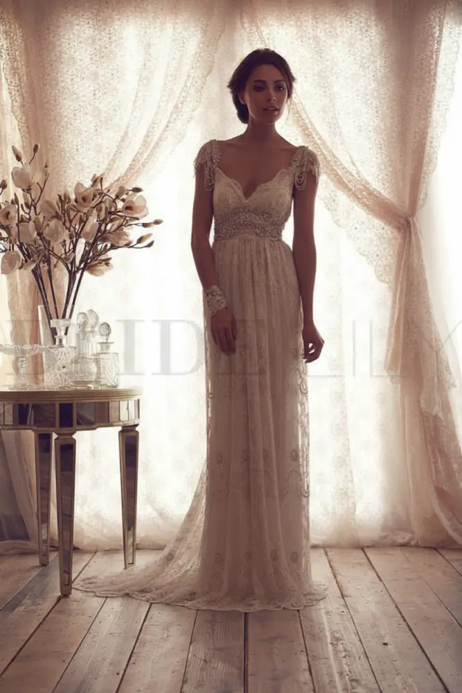 V Neck Backless Boho Wedding Dresses Cap Sleeves Lace Bridal Dress