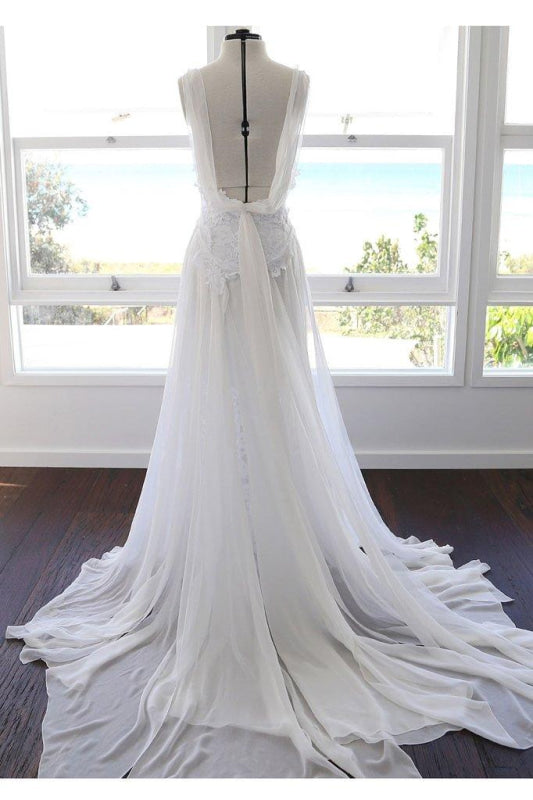 Spaghetti Straps Long Beach Wedding Dress Bohemian with Front Split