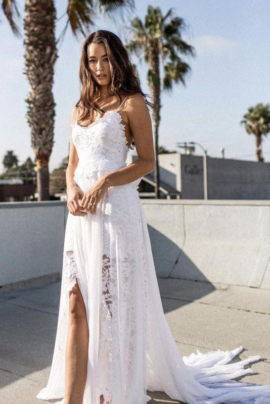 Spaghetti Straps Long Beach Wedding Dress Bohemian with Front Split