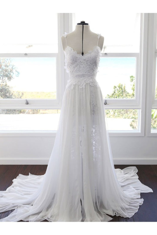 Spaghetti Straps Long Beach Wedding Dress Bohemian with Front Split