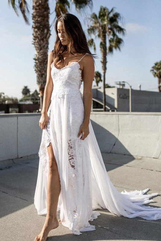 Spaghetti Straps Long Beach Wedding Dress Bohemian with Front Split