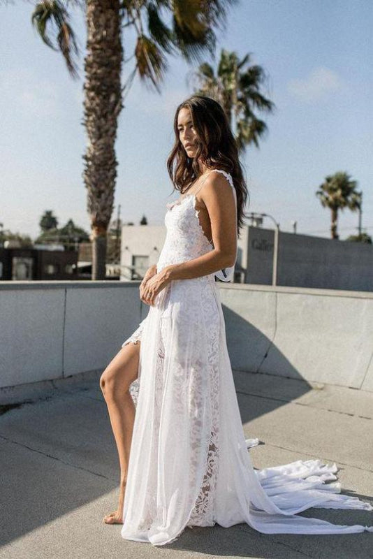 Spaghetti Straps Long Beach Wedding Dress Bohemian with Front Split