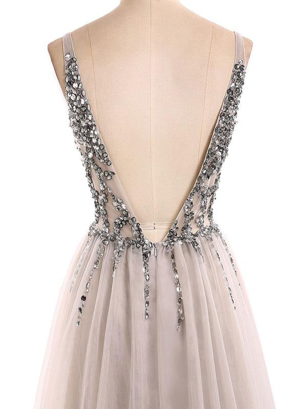 Deep V Neck Sleeveless Straps A Line Split Front Floor Length Prom Dresses