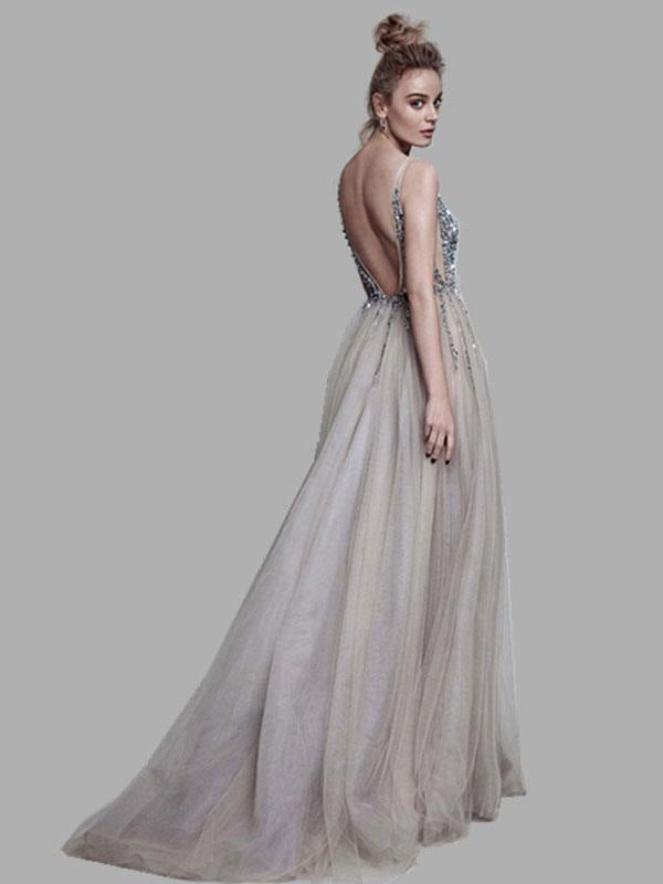 Deep V Neck Sleeveless Straps A Line Split Front Floor Length Prom Dresses