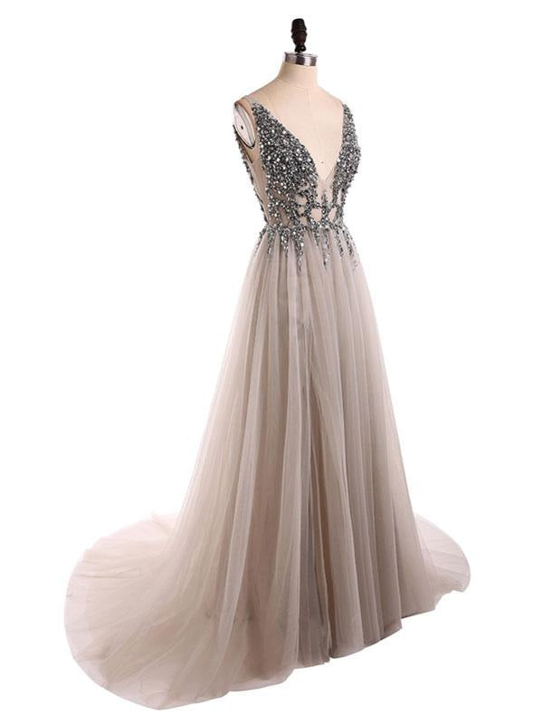Deep V Neck Sleeveless Straps A Line Split Front Floor Length Prom Dresses