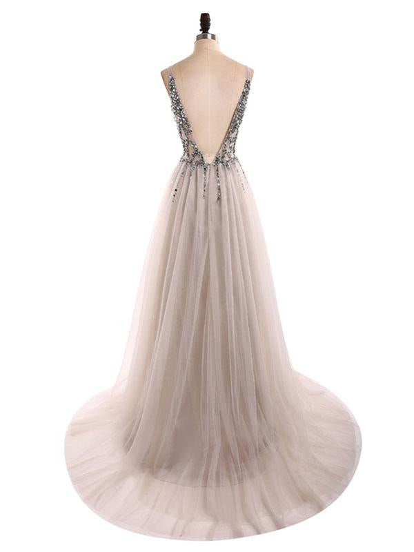 Deep V Neck Sleeveless Straps A Line Split Front Floor Length Prom Dresses