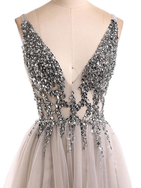 Deep V Neck Sleeveless Straps A Line Split Front Floor Length Prom Dresses