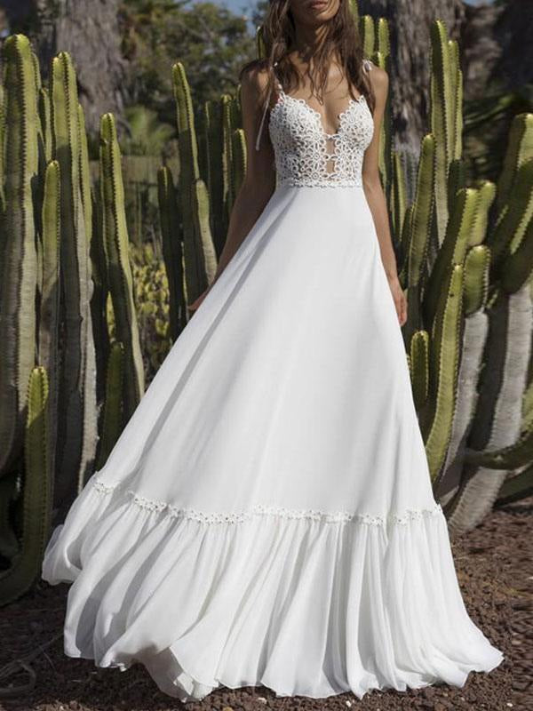 Boho Wedding Dresses Chiffon V Neck A Line Straps Sleeveless Bows Lace Bridal Gowns Ruffle Hem Bridal Dress For Beach Wedding