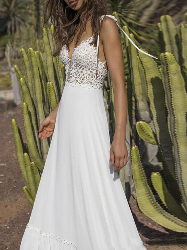 Boho Wedding Dresses Chiffon V Neck A Line Straps Sleeveless Bows Lace Bridal Gowns Ruffle Hem Bridal Dress For Beach Wedding