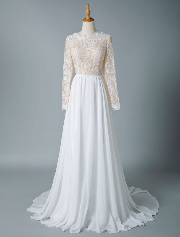 Boho Wedding Dresses Jewel Neck Long Sleeve A Line Floor Length Chffion Bridal Dress For Beach Wedding