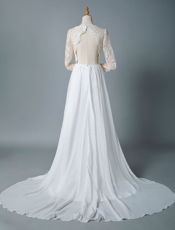 Boho Wedding Dresses Jewel Neck Long Sleeve A Line Floor Length Chffion Bridal Dress For Beach Wedding