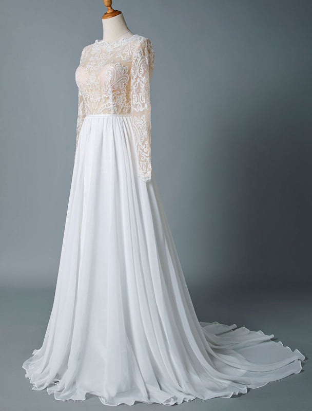 Boho Wedding Dresses Jewel Neck Long Sleeve A Line Floor Length Chffion Bridal Dress For Beach Wedding