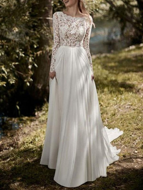 Boho Wedding Dresses Jewel Neck Long Sleeve A Line Floor Length Chffion Bridal Dress For Beach Wedding