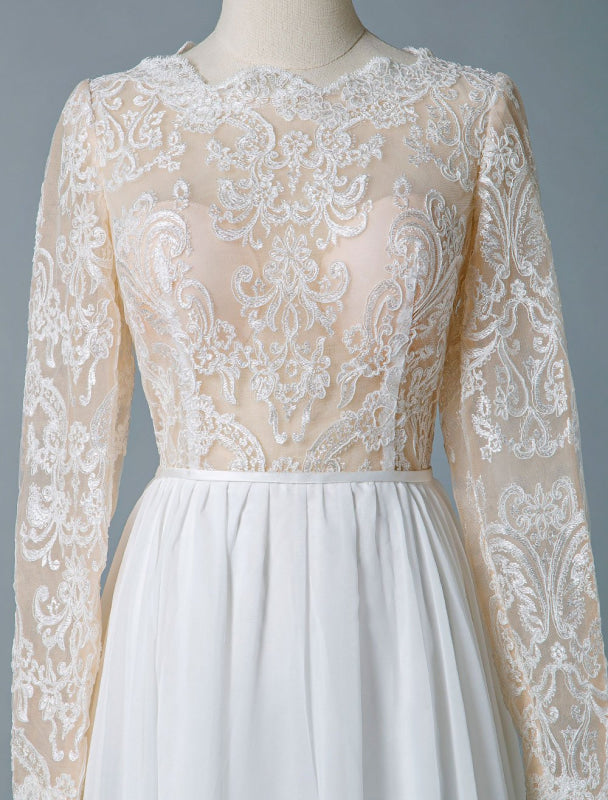 Boho Wedding Dresses Jewel Neck Long Sleeve A Line Floor Length Chffion Bridal Dress For Beach Wedding