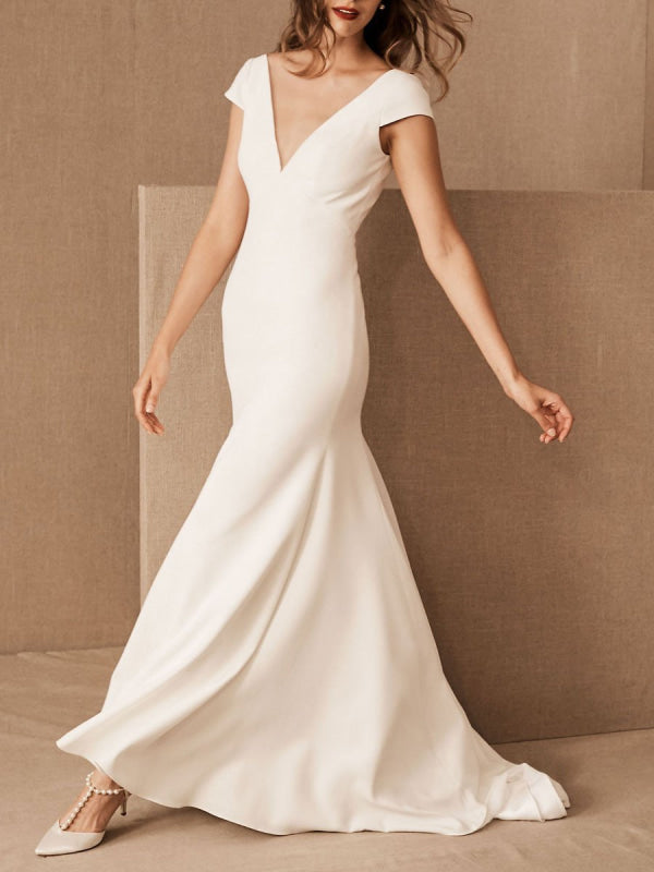 Simple Satin Bridal Dress V-Neck Trumpet /Mermaid Short Sleeves Wedding Dress