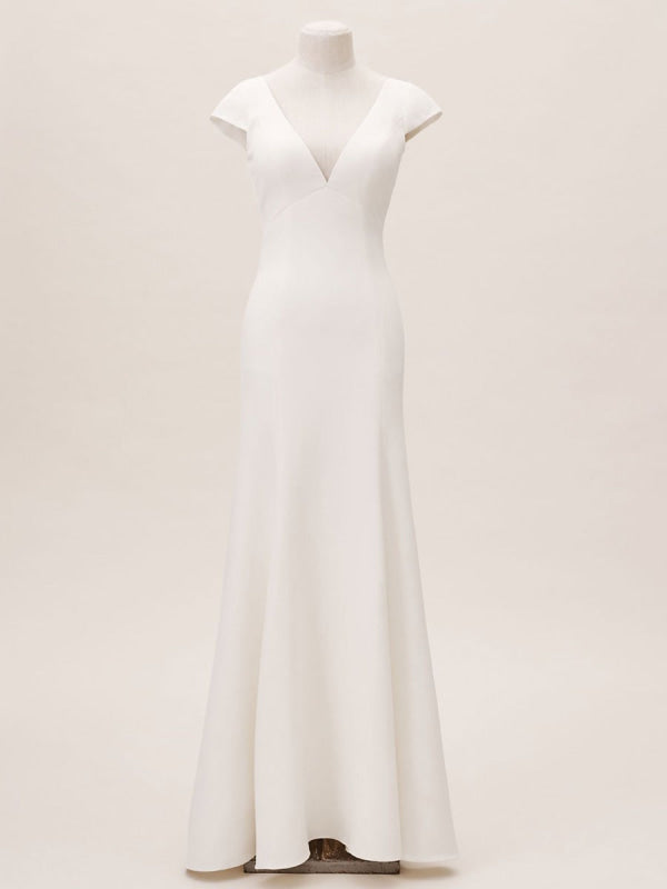 Simple Satin Bridal Dress V-Neck Trumpet /Mermaid Short Sleeves Wedding Dress