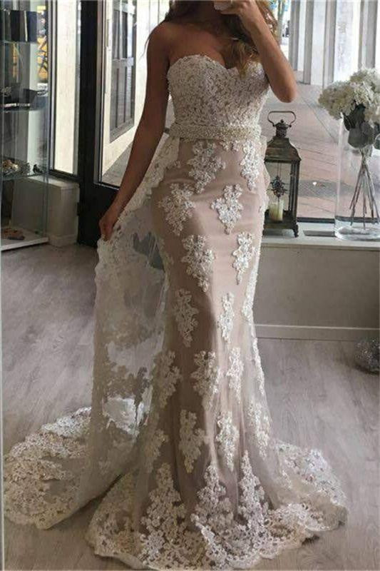 Bridelily Tulle Appliques Pearl Wedding Dresses Mermaid Beaded Sweetheart with Train