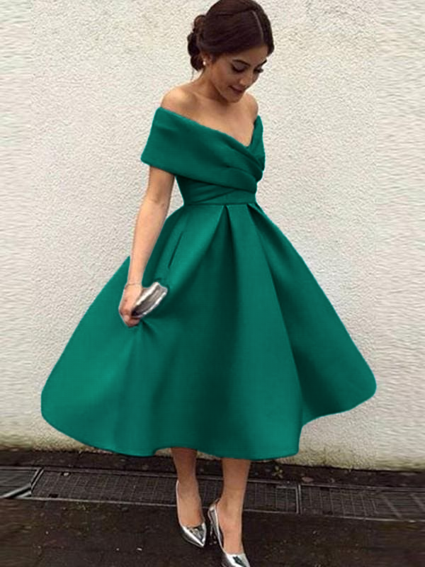 Off-the-Shoulder Satin Tea-Length Bridesmaid Dress with Ruffles