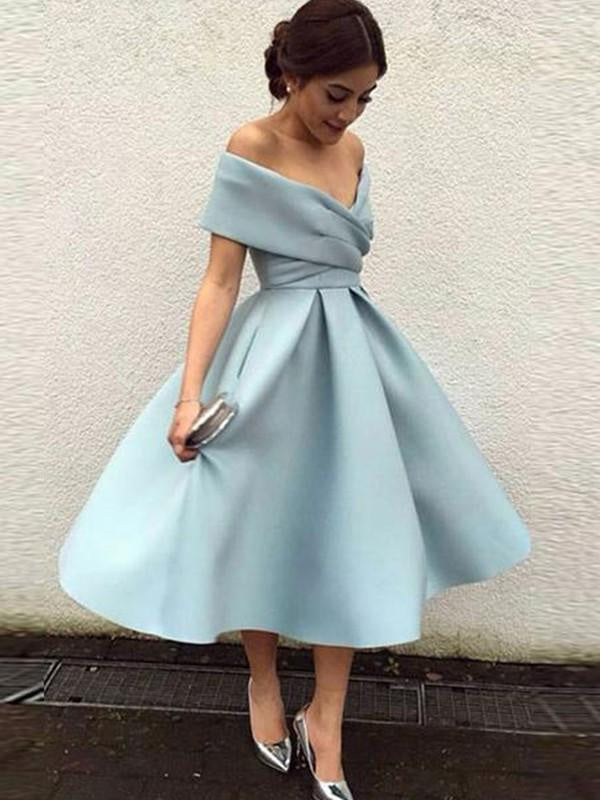 Off-the-Shoulder Satin Tea-Length Bridesmaid Dress with Ruffles