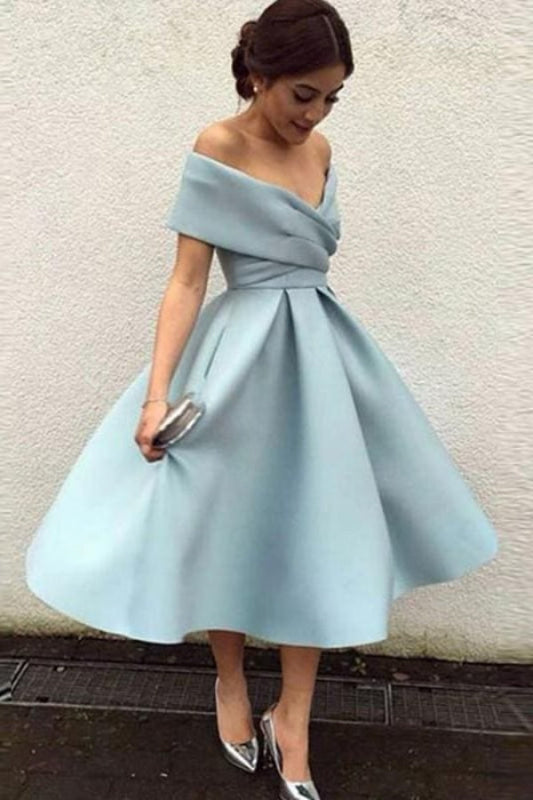 Off-the-Shoulder Satin Tea-Length Bridesmaid Dress with Ruffles