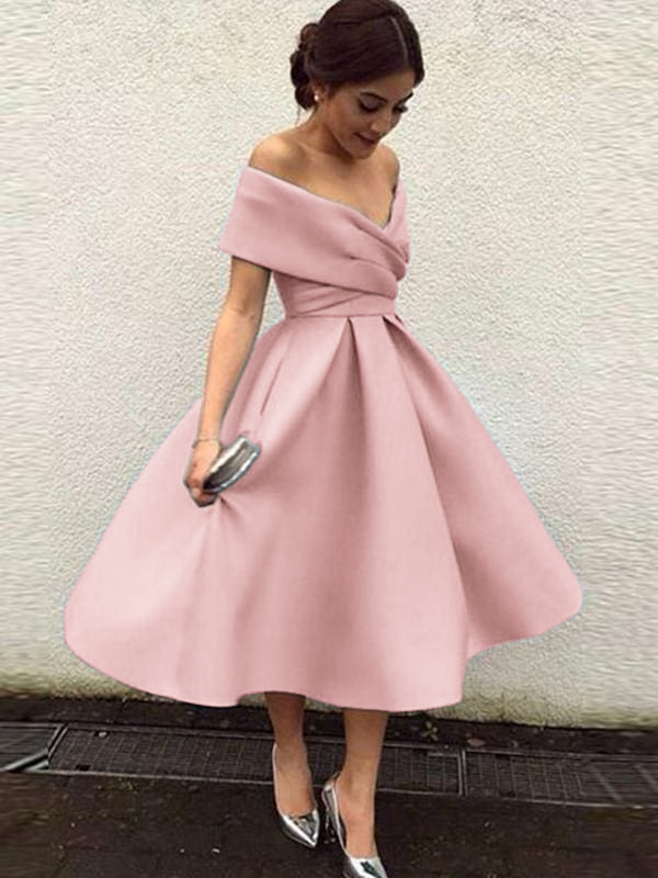 Off-the-Shoulder Satin Tea-Length Bridesmaid Dress with Ruffles