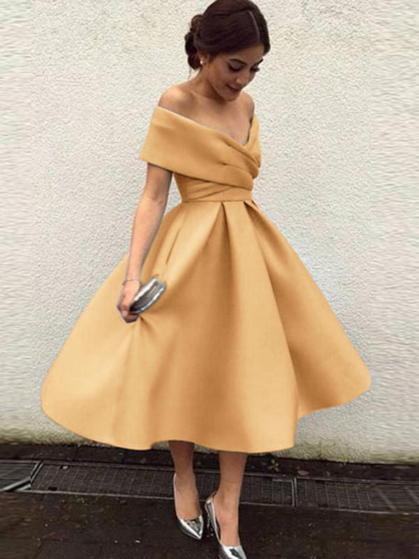 Off-the-Shoulder Satin Tea-Length Bridesmaid Dress with Ruffles