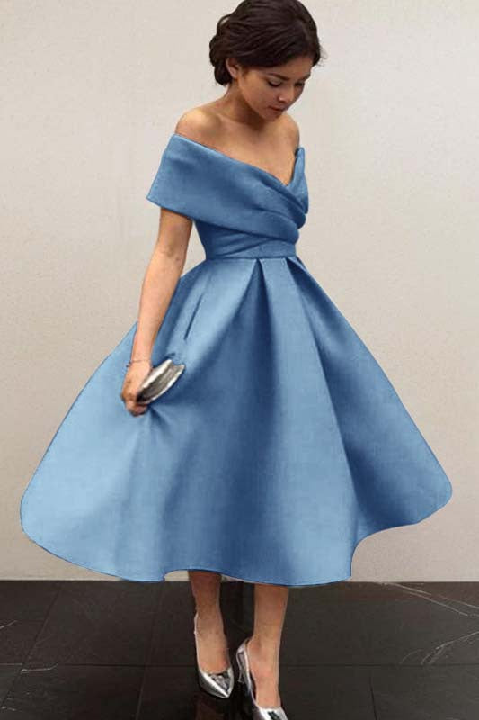 Off-the-Shoulder Satin Tea-Length Bridesmaid Dress with Ruffles
