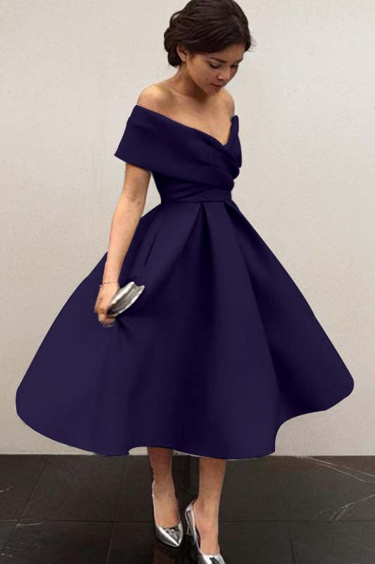 Off-the-Shoulder Satin Tea-Length Bridesmaid Dress with Ruffles
