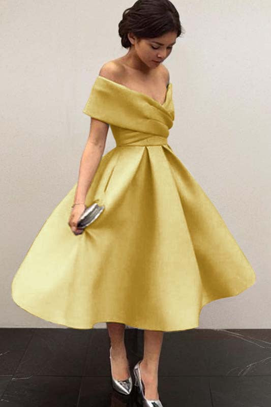 Off-the-Shoulder Satin Tea-Length Bridesmaid Dress with Ruffles