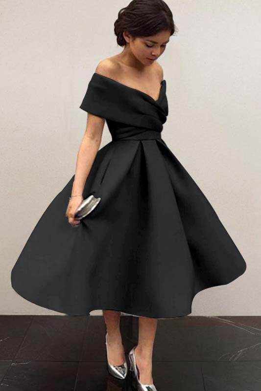 Off-the-Shoulder Satin Tea-Length Bridesmaid Dress with Ruffles