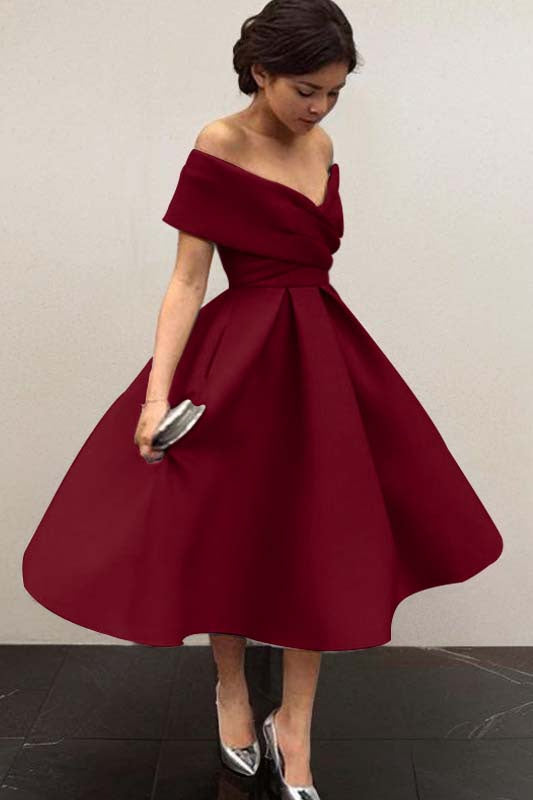 Off-the-Shoulder Satin Tea-Length Bridesmaid Dress with Ruffles
