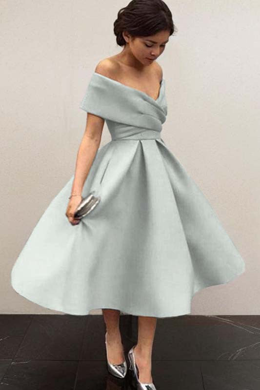 Off-the-Shoulder Satin Tea-Length Bridesmaid Dress with Ruffles