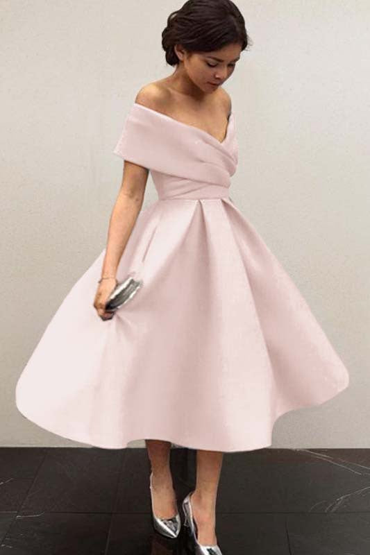 Off-the-Shoulder Satin Tea-Length Bridesmaid Dress with Ruffles