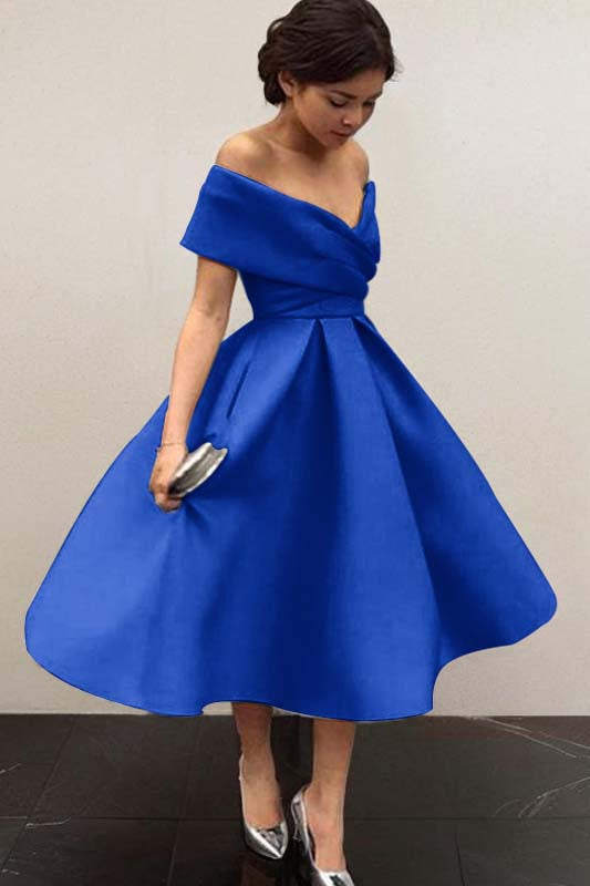 Off-the-Shoulder Satin Tea-Length Bridesmaid Dress with Ruffles