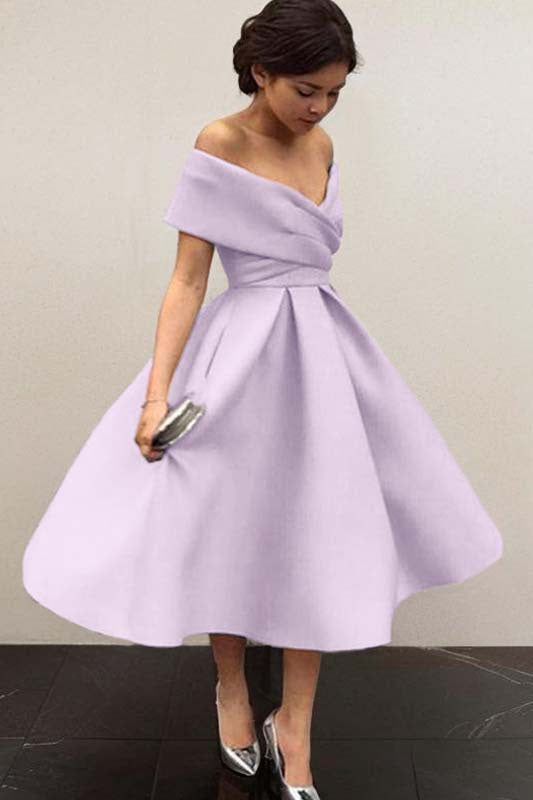 Off-the-Shoulder Satin Tea-Length Bridesmaid Dress with Ruffles