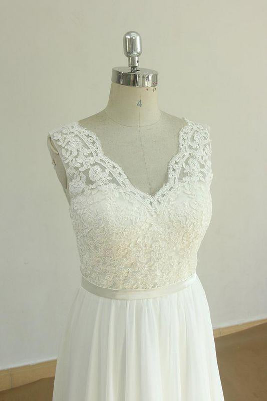 Bridelily Affordable V-neck Lace Chiffon Wedding Dress